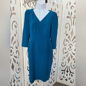 L.K. Bennett Turquoise Stretch Sheath Dress DR MAI V-Neck 3/4 Sleeve Size 4